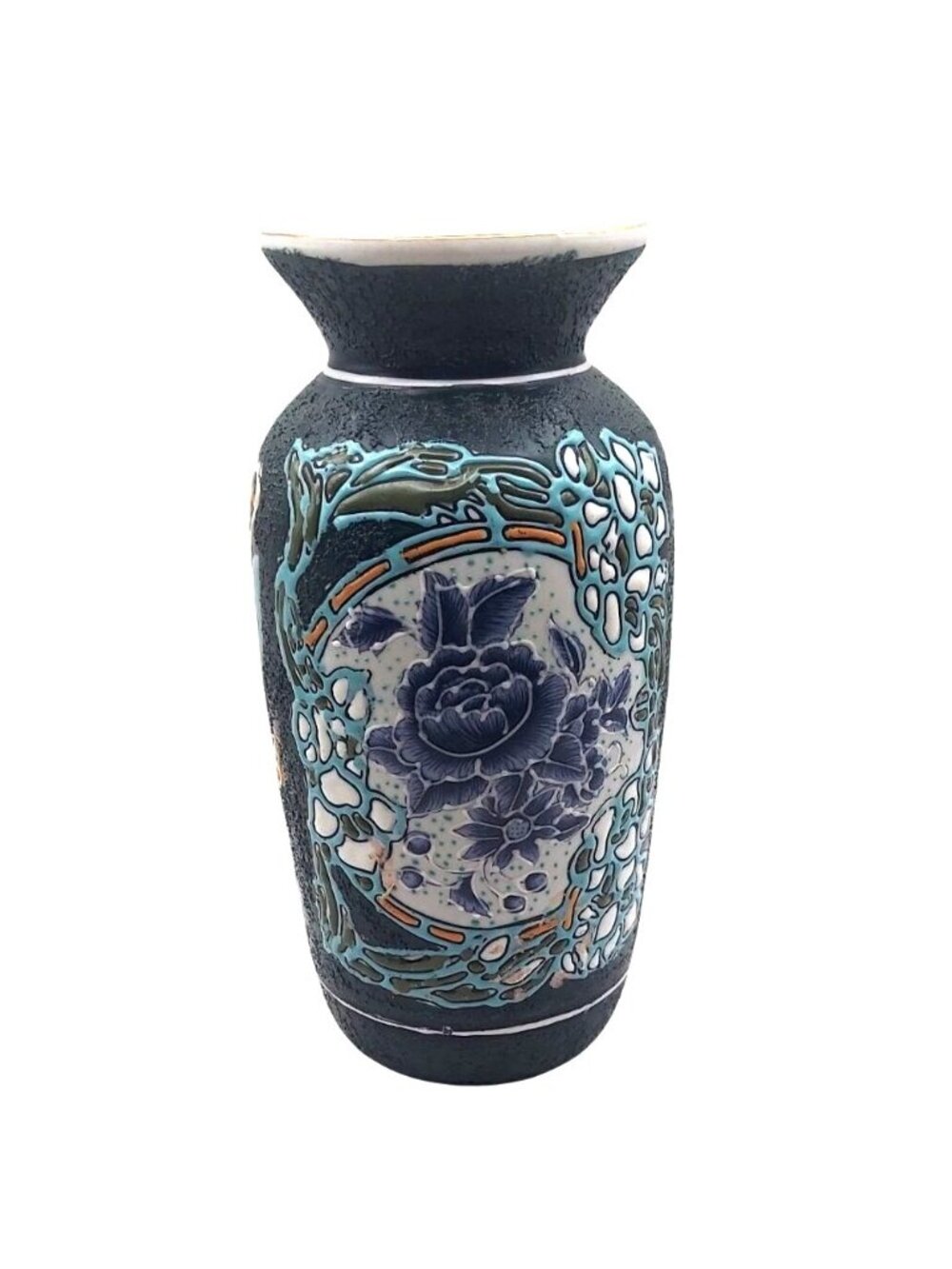 Vintage Sukhothai Floral Handpainted Textured Porcelain Vase Oriental Flared Top